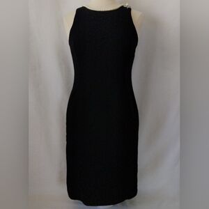 Sandra Darren Black Sleeveless Midi Sheath Dress Faux Pearl Necklace & Brooch